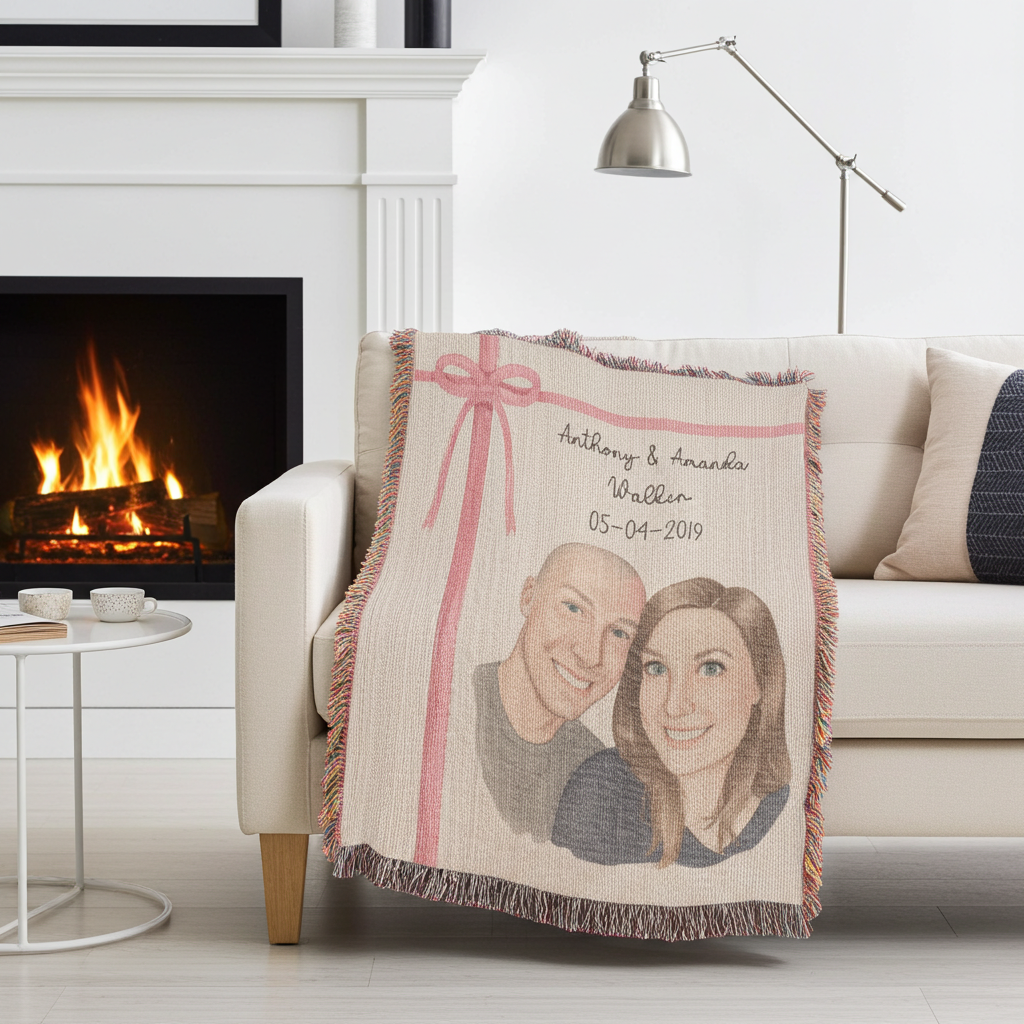 Personalized Couple's Watercolor Portrait Woven Blanket | Custom Heirloom Valentine's Gift
