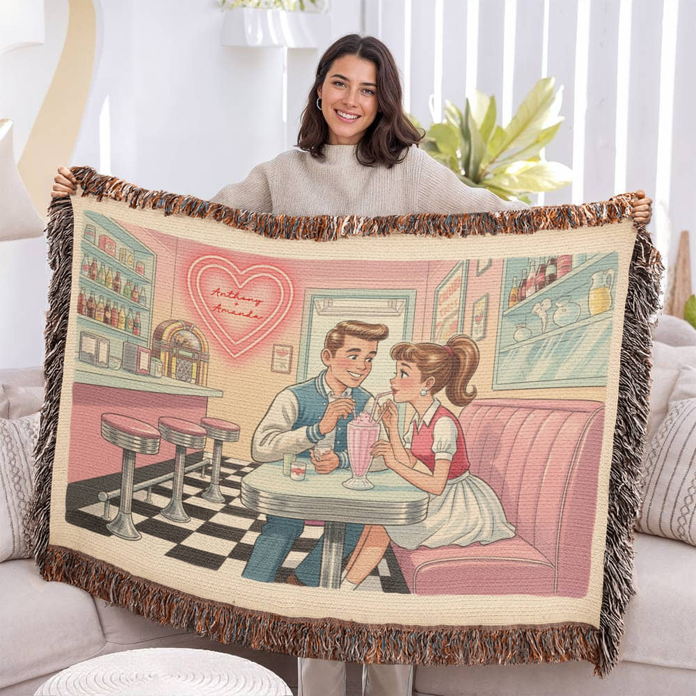 Personalized Retro Diner Heirloom Woven Blanket – Vintage Love Milkshake Art Throw