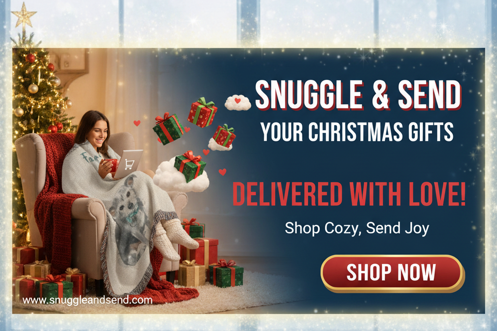 Girl snuggled up in a blanket looking on her computer with a cup in her hands and surrounded by Christmas presents and a Christmas Tree