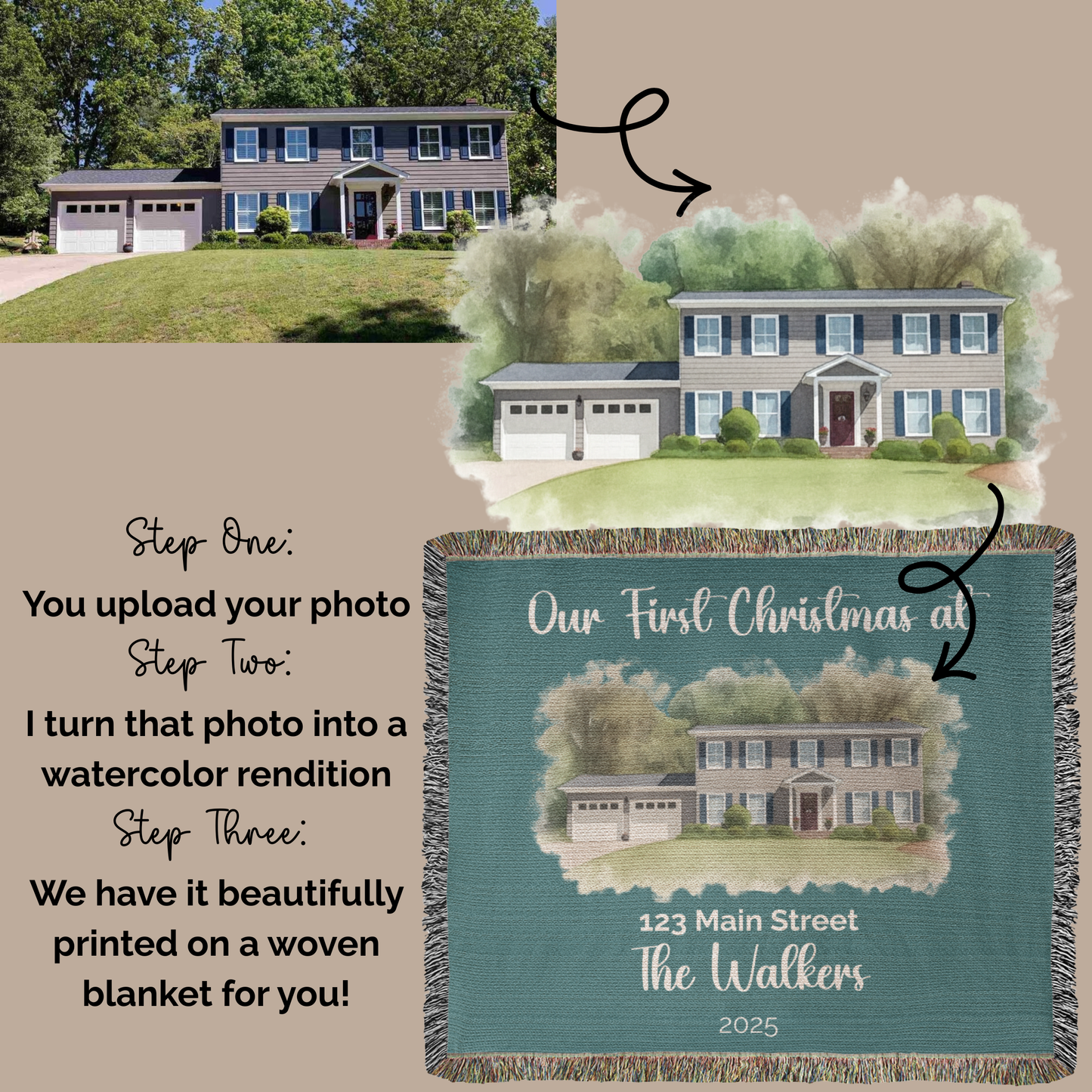 Our First Christmas In Our New Home Watercolor Woven Blanket