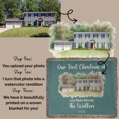 Our First Christmas In Our New Home Watercolor Woven Blanket