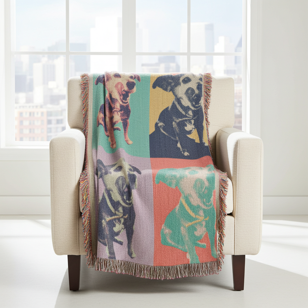 Custom Pet Pop Art Woven Blanket Personalized Heirloom Pet Portrait Throw