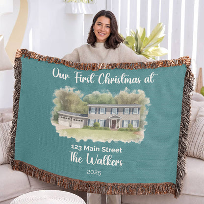 Our First Christmas In Our New Home Watercolor Woven Blanket
