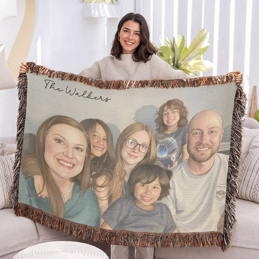 Watercolor Family Portrait Woven Blanket