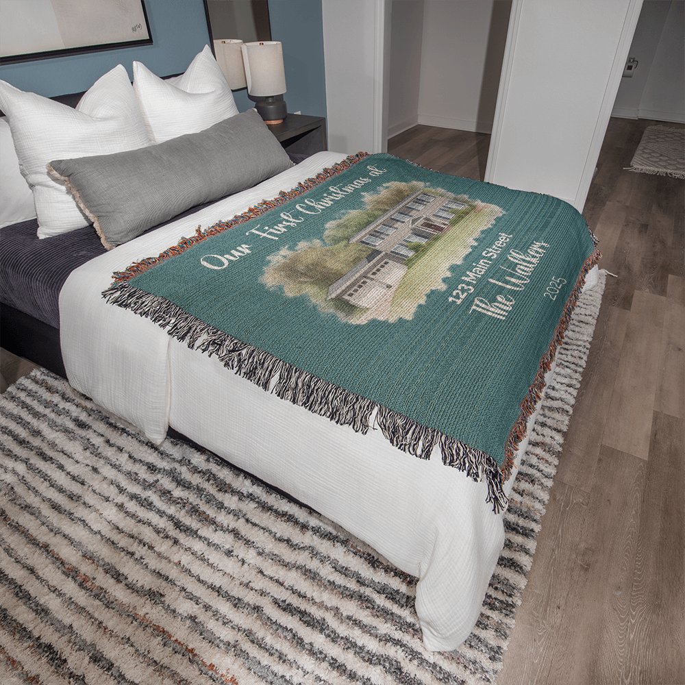 Our First Christmas In Our New Home Watercolor Woven Blanket