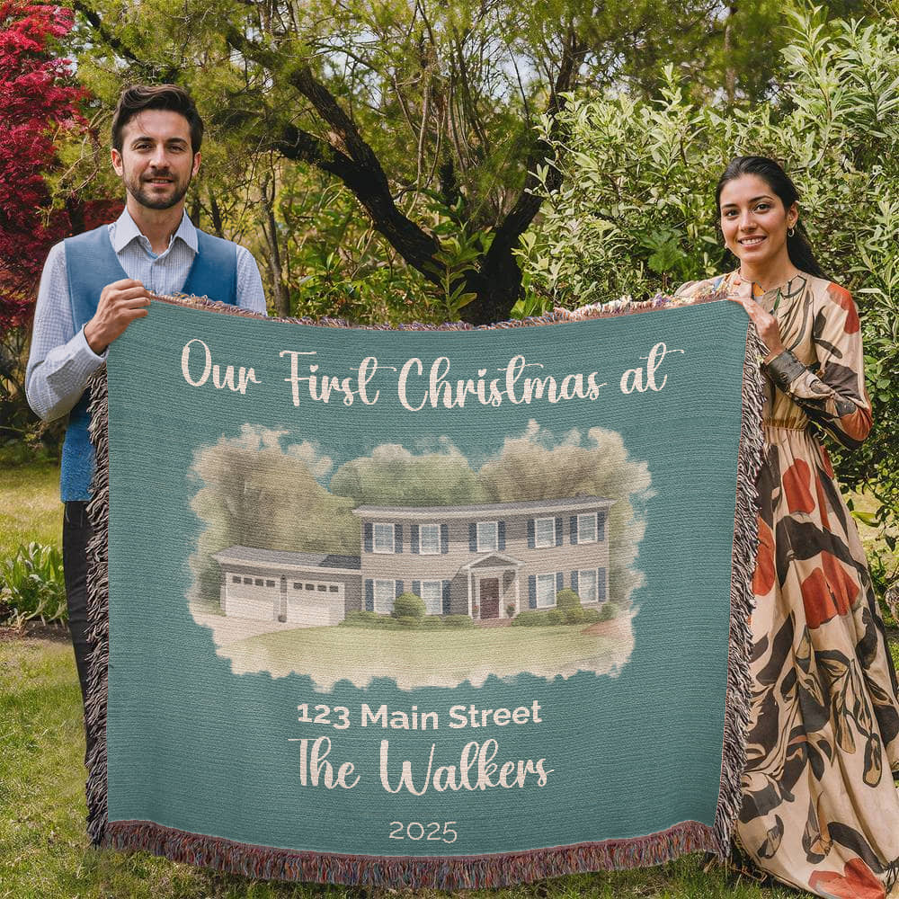 Our First Christmas In Our New Home Watercolor Woven Blanket