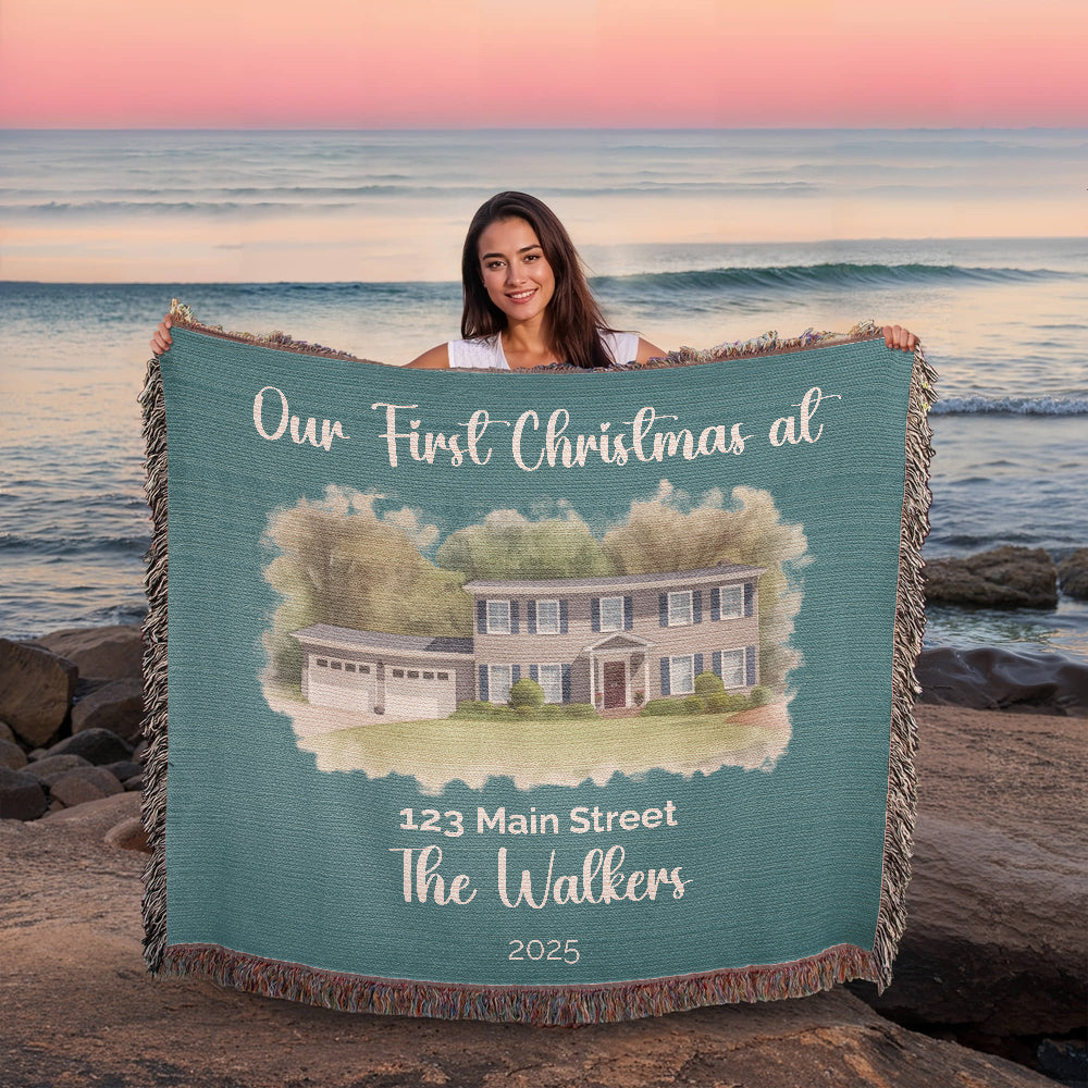 Our First Christmas In Our New Home Watercolor Woven Blanket