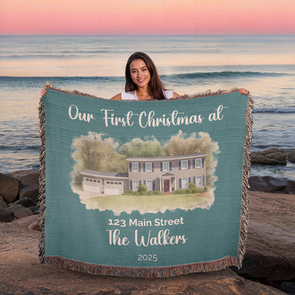 Our First Christmas In Our New Home Watercolor Woven Blanket