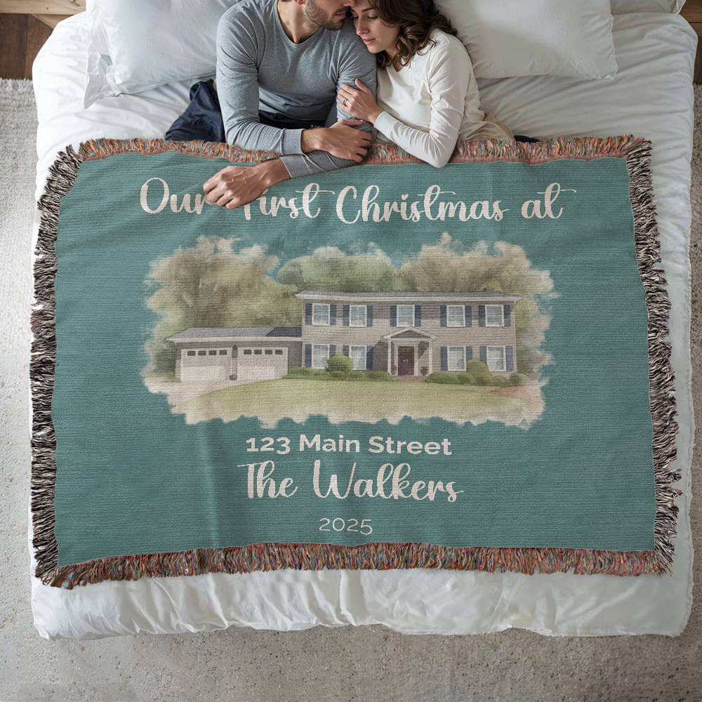 Our First Christmas In Our New Home Watercolor Woven Blanket