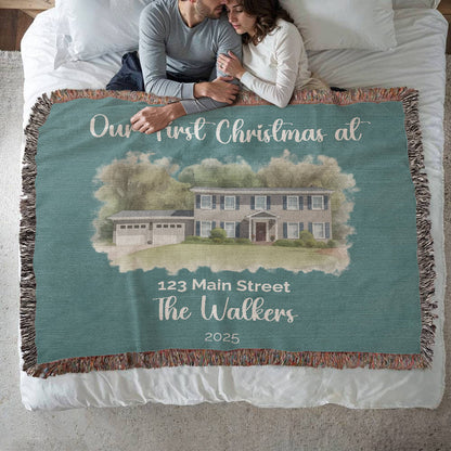 Our First Christmas In Our New Home Watercolor Woven Blanket