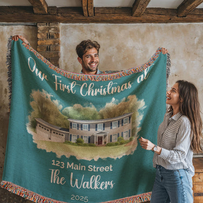 Our First Christmas In Our New Home Watercolor Woven Blanket