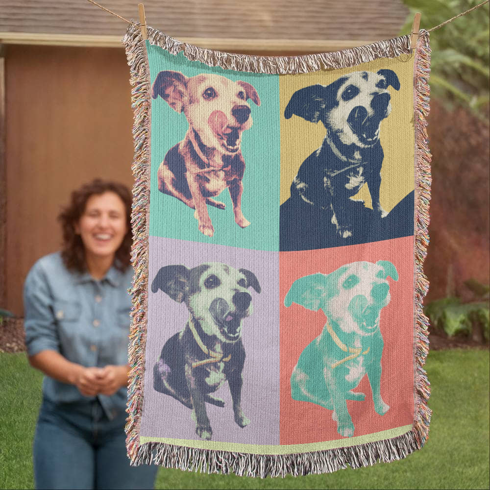 Custom Pet Pop Art Woven Blanket Personalized Heirloom Pet Portrait Throw