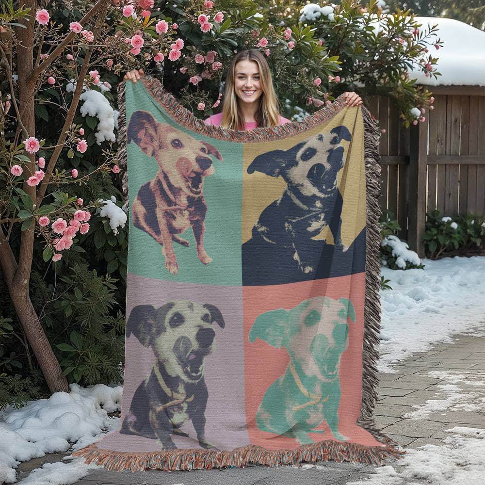 Custom Pet Pop Art Woven Blanket Personalized Heirloom Pet Portrait Throw