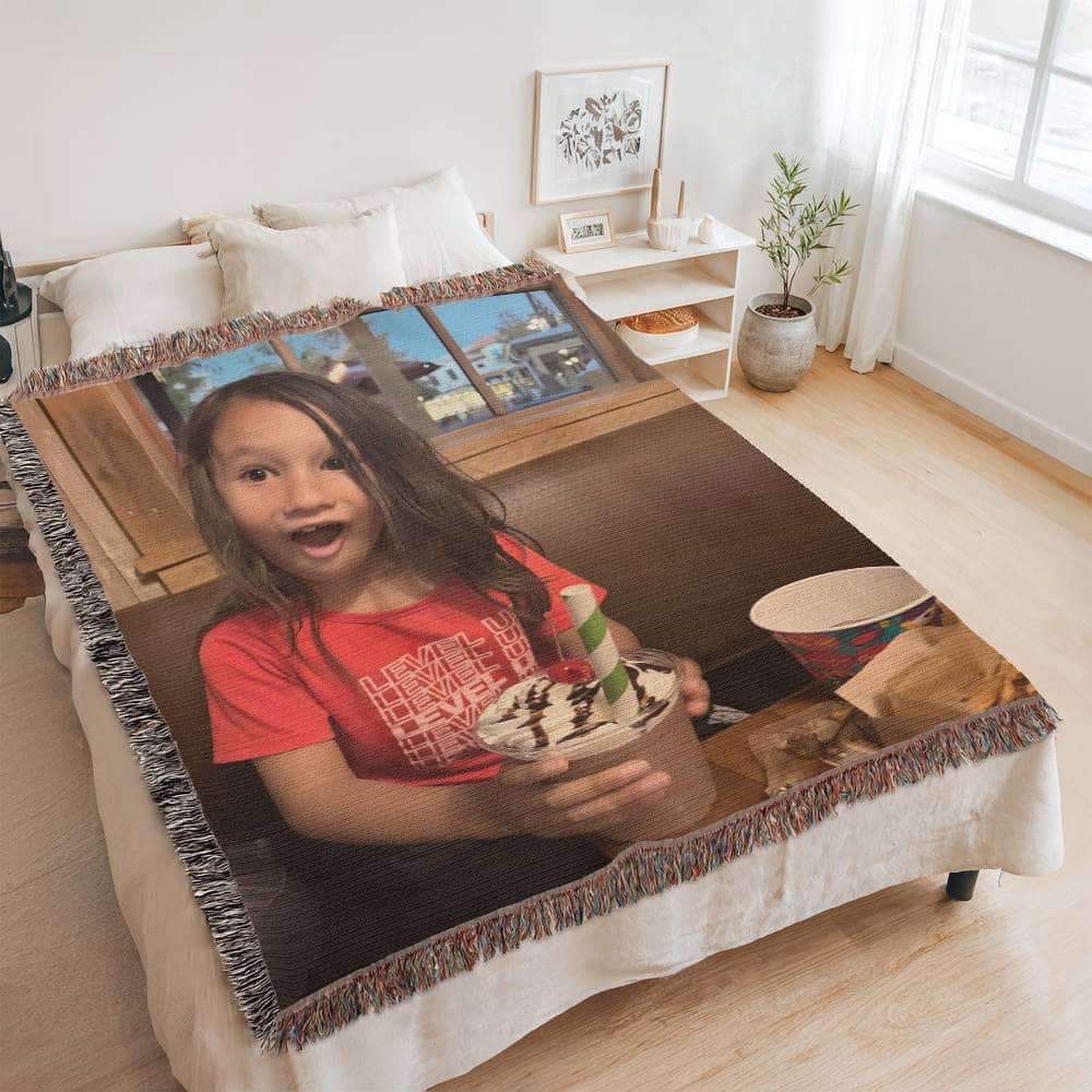 Custom Photo Heirloom Woven Blanket (Portrait) – Personalized Cotton Throw, Custom Picture Blanket Gift