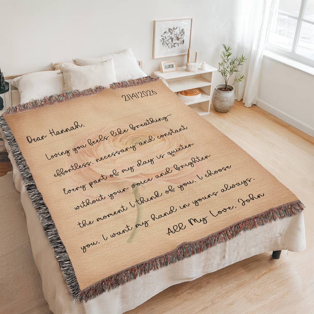 Personalized Love Letter Blanket with Watercolor Ranunculus - Custom Valentine's Day Gift for Her