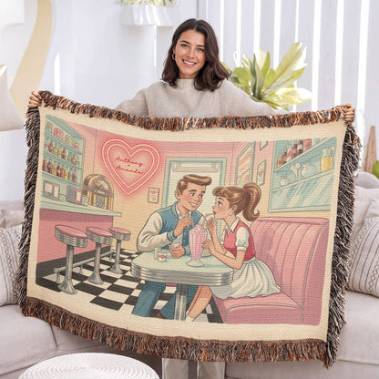 Personalized Retro Diner Heirloom Woven Blanket – Vintage Love Milkshake Art Throw