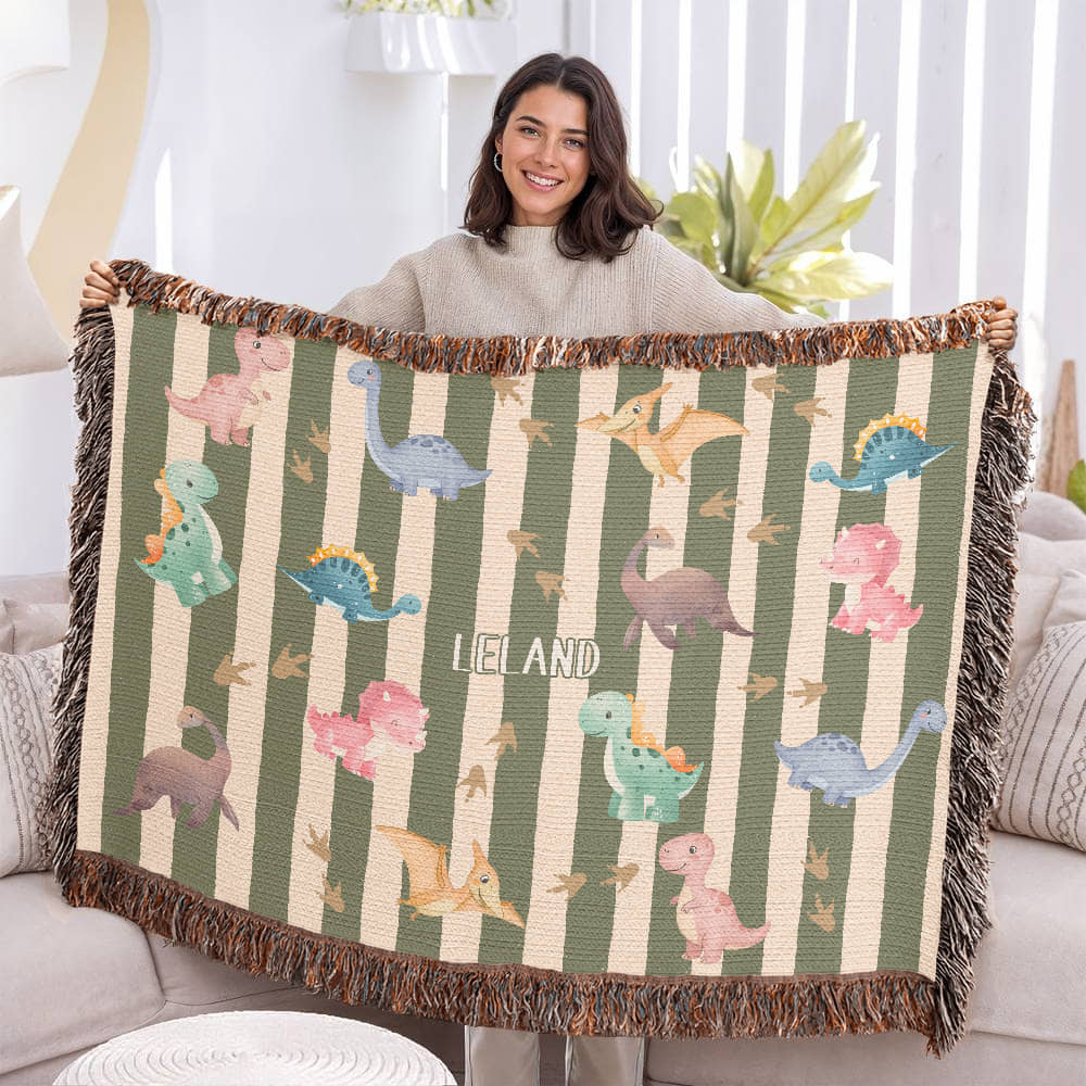 Personalized Dinosaur Heirloom Woven Blanket – Custom Baby Name Throw