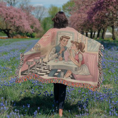 Personalized Retro Diner Heirloom Woven Blanket – Vintage Love Milkshake Art Throw