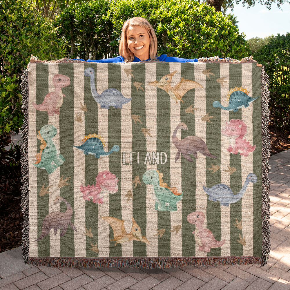 Personalized Dinosaur Heirloom Woven Blanket – Custom Baby Name Throw