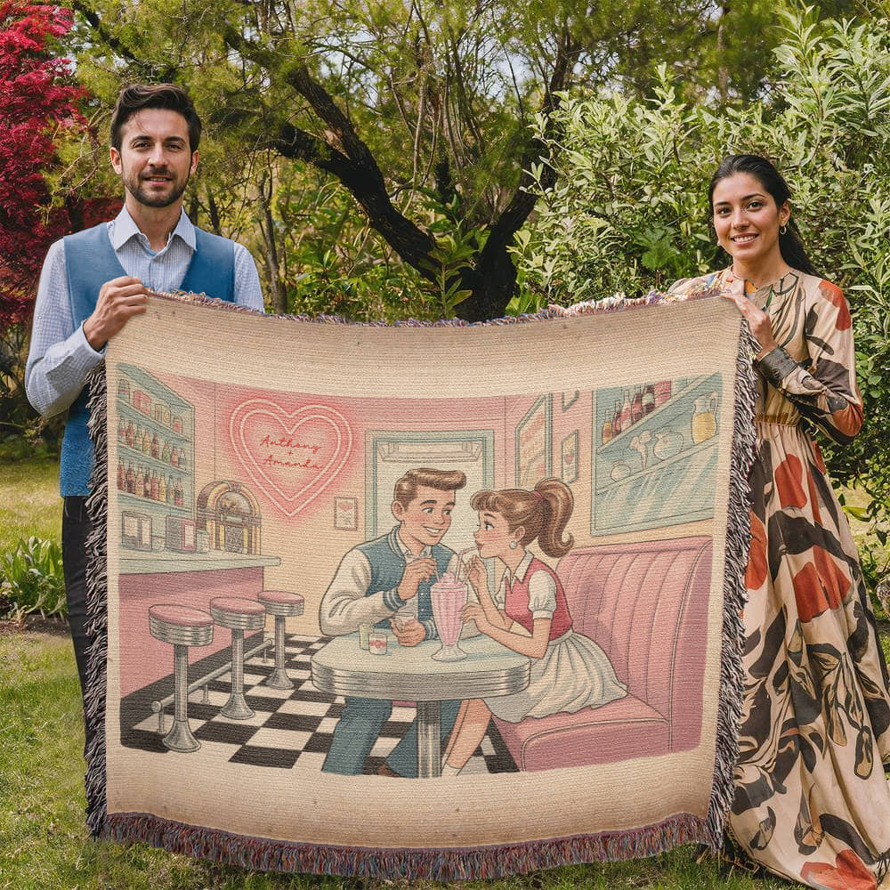 Personalized Retro Diner Heirloom Woven Blanket – Vintage Love Milkshake Art Throw