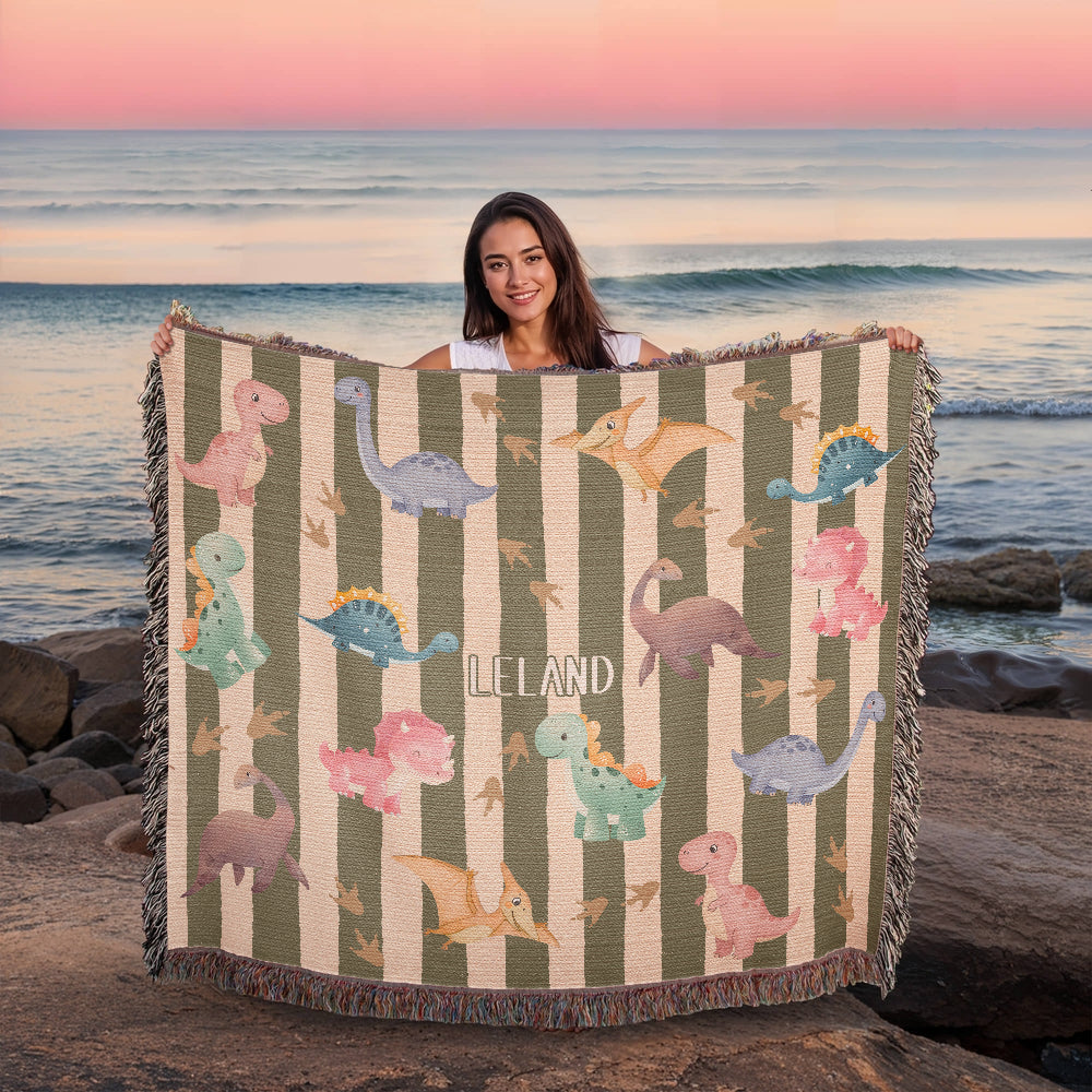 Personalized Dinosaur Heirloom Woven Blanket – Custom Baby Name Throw