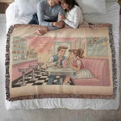 Personalized Retro Diner Heirloom Woven Blanket – Vintage Love Milkshake Art Throw