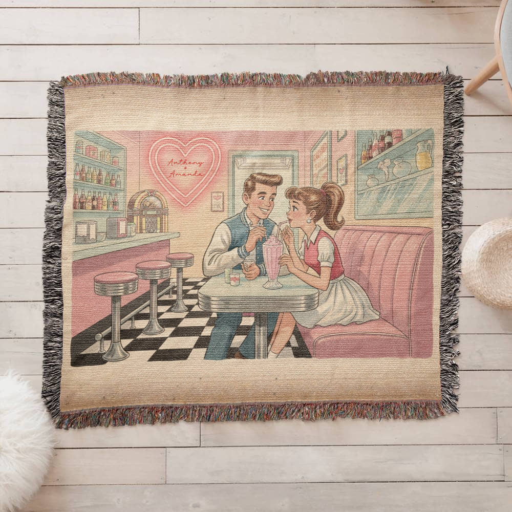 Personalized Retro Diner Heirloom Woven Blanket – Vintage Love Milkshake Art Throw