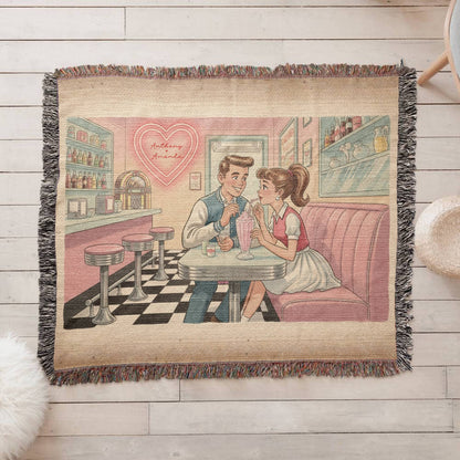 Personalized Retro Diner Heirloom Woven Blanket – Vintage Love Milkshake Art Throw