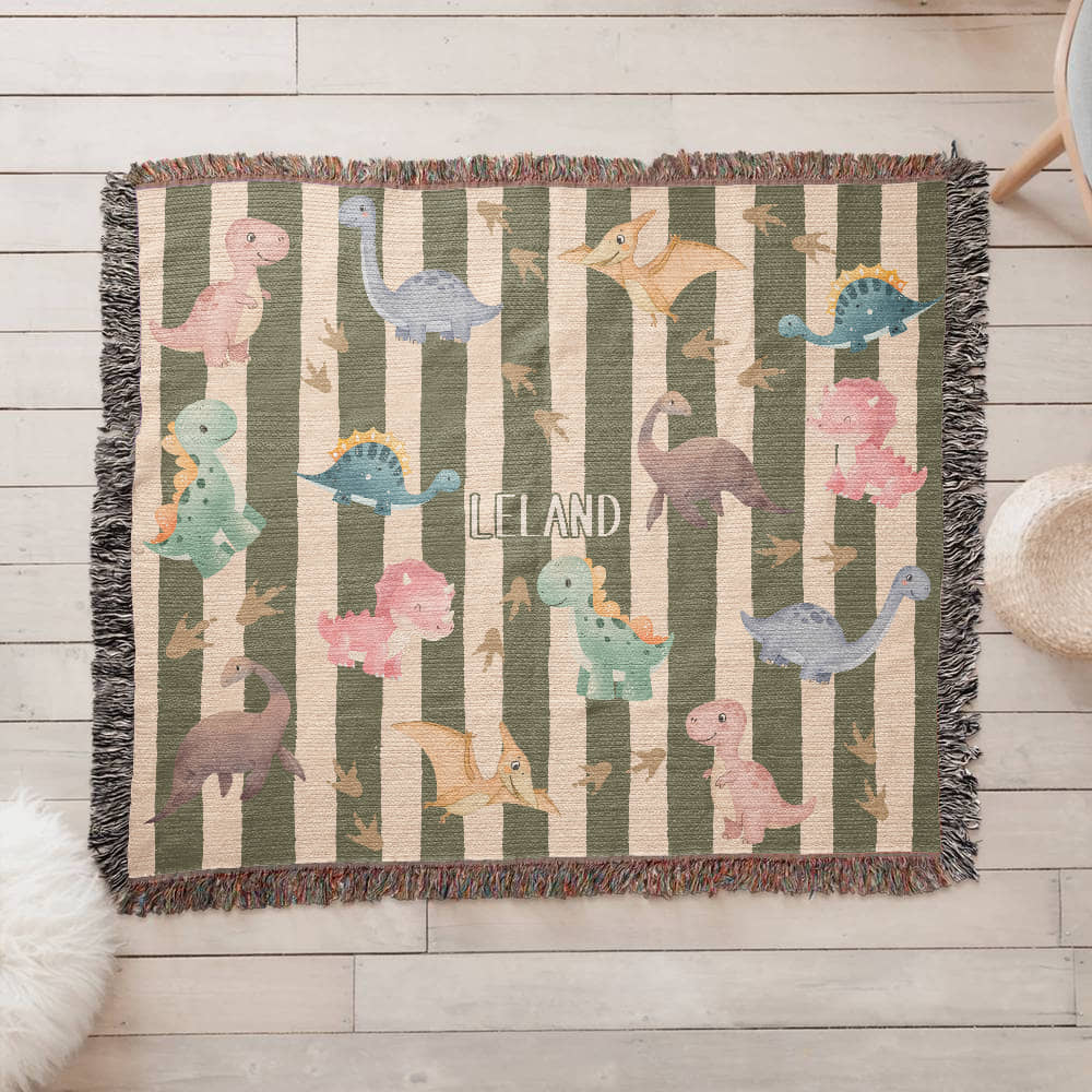 Personalized Dinosaur Heirloom Woven Blanket – Custom Baby Name Throw