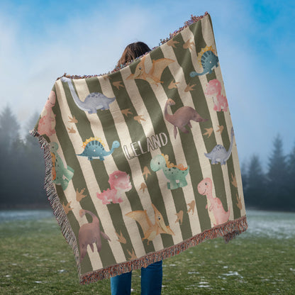 Personalized Dinosaur Heirloom Woven Blanket – Custom Baby Name Throw