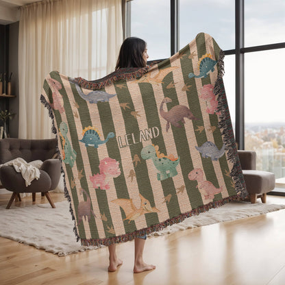 Personalized Dinosaur Heirloom Woven Blanket – Custom Baby Name Throw