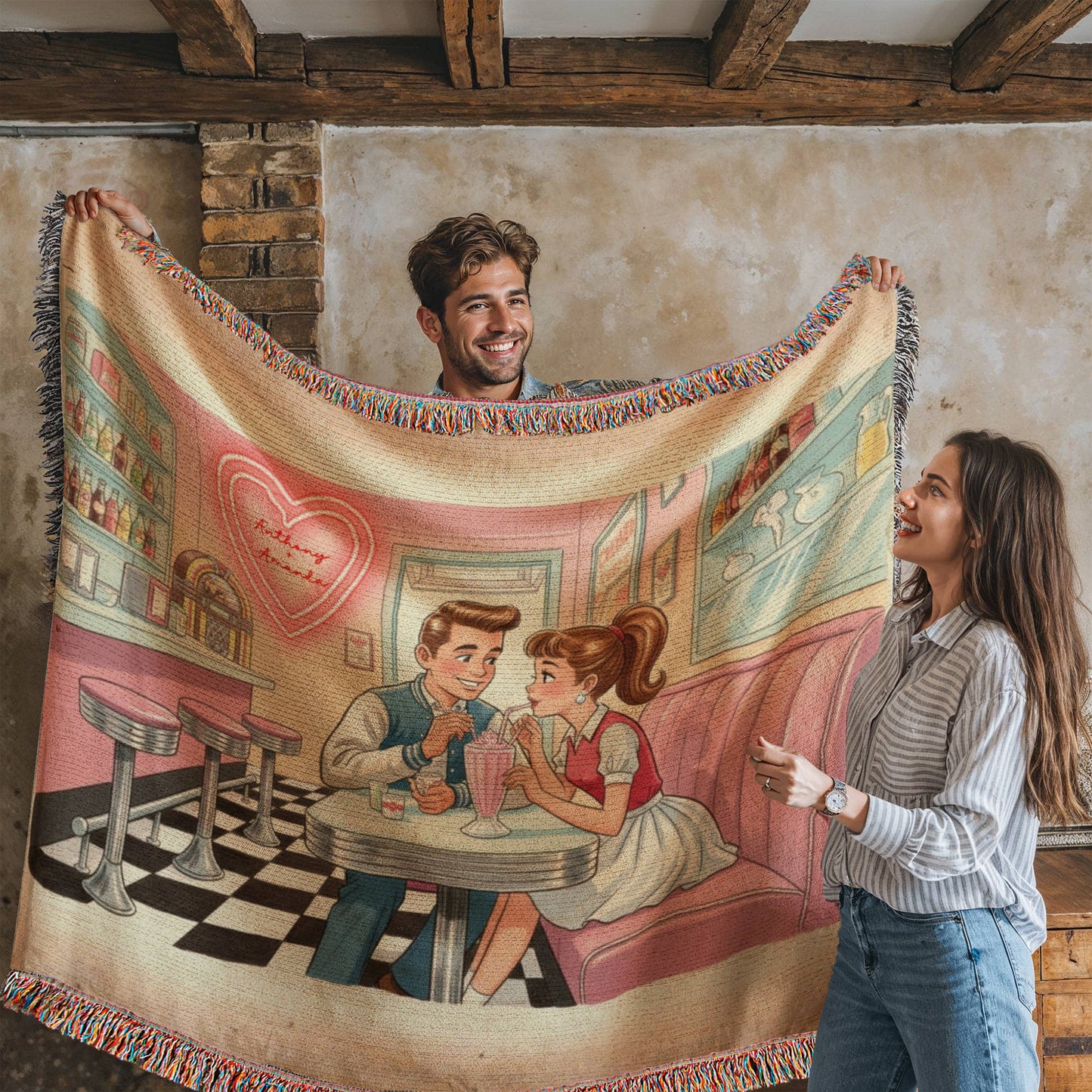 Personalized Retro Diner Heirloom Woven Blanket – Vintage Love Milkshake Art Throw