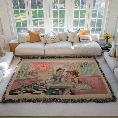 Personalized Retro Diner Heirloom Woven Blanket – Vintage Love Milkshake Art Throw
