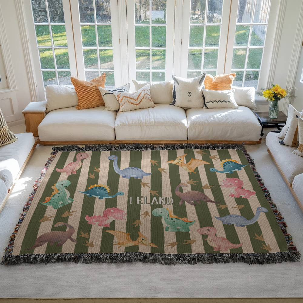 Personalized Dinosaur Heirloom Woven Blanket – Custom Baby Name Throw