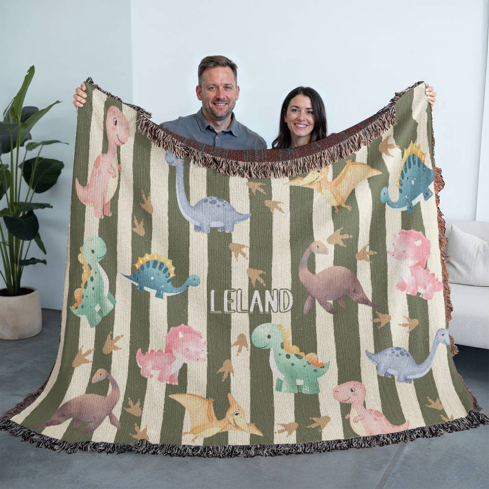Personalized Dinosaur Heirloom Woven Blanket – Custom Baby Name Throw