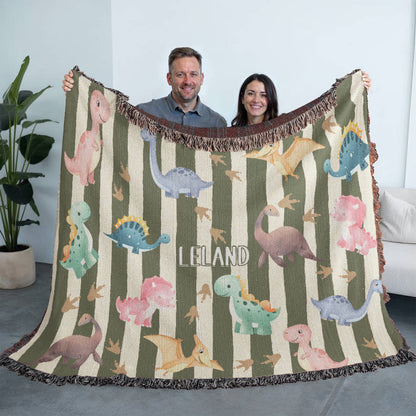 Personalized Dinosaur Heirloom Woven Blanket – Custom Baby Name Throw