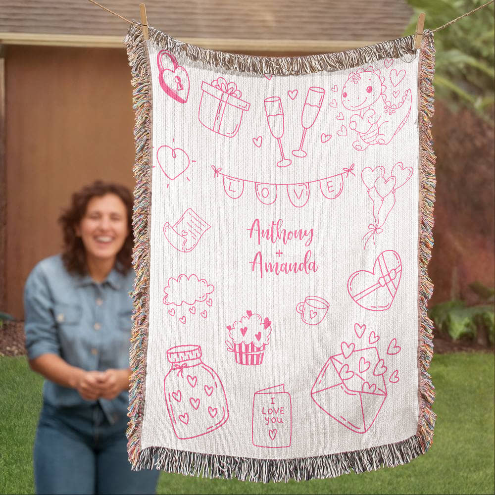 Valentine's Doodle Woven Blanket – Personalized Couple Gift