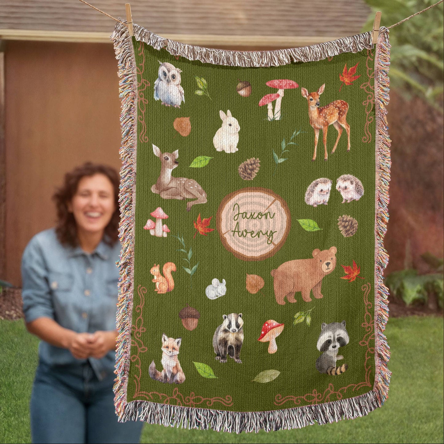 Heirloom Woodland Animals Woven Blanket - Personalized Nursery Decor & Baby Gift- Olive Green