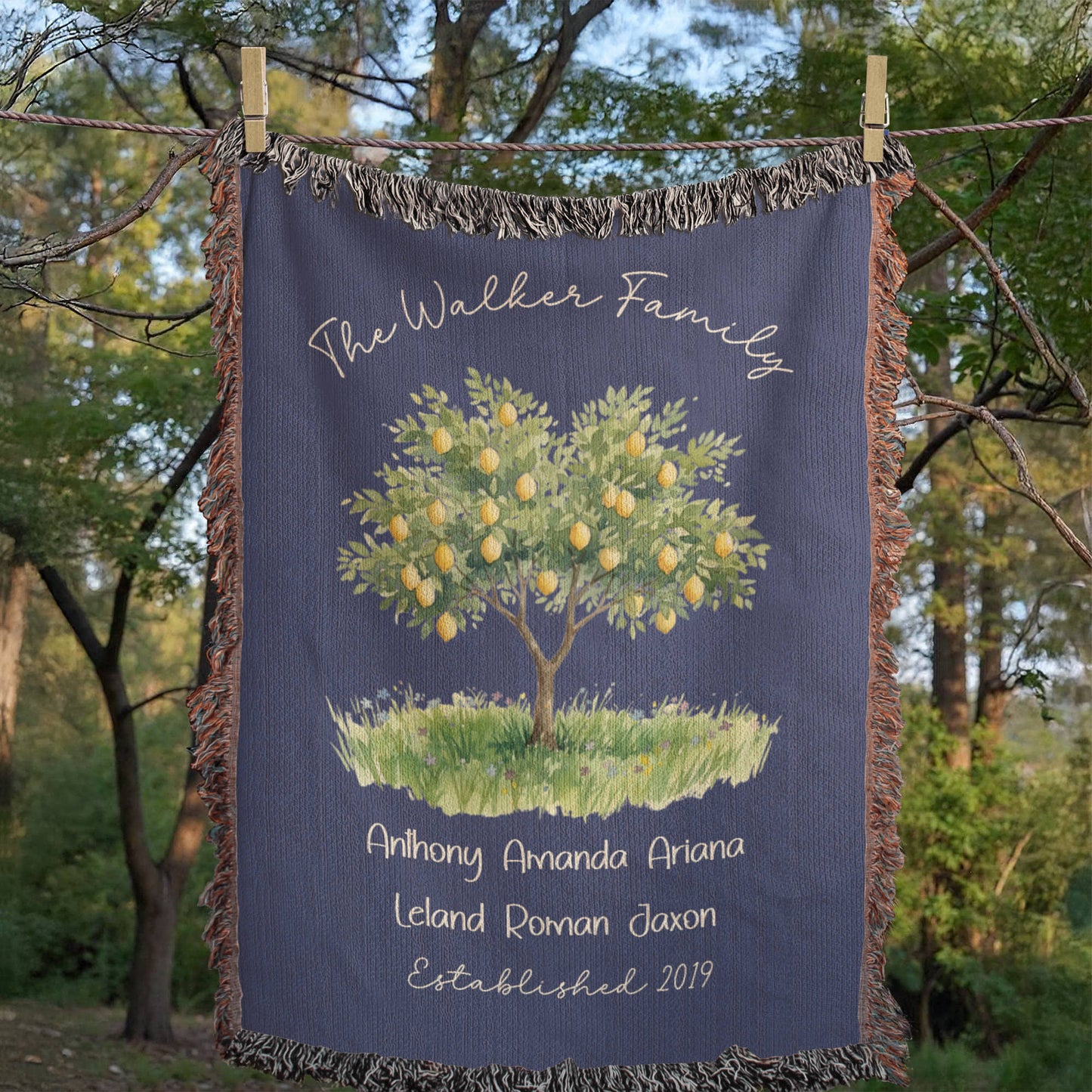Personalized Farmhouse Lemon Tree Family Heirloom Woven Throw Blanket – Custom Names & Established Date