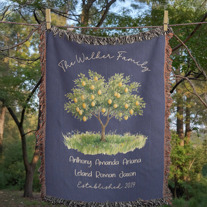 Personalized Farmhouse Lemon Tree Family Heirloom Woven Throw Blanket – Custom Names & Established Date