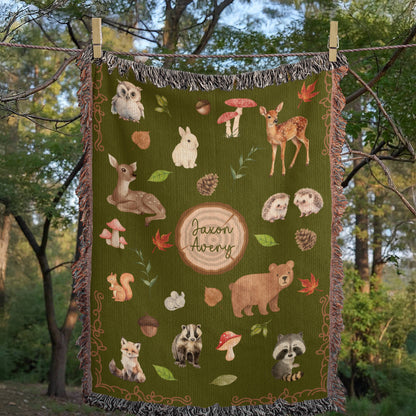 Heirloom Woodland Animals Woven Blanket - Personalized Nursery Decor & Baby Gift- Olive Green