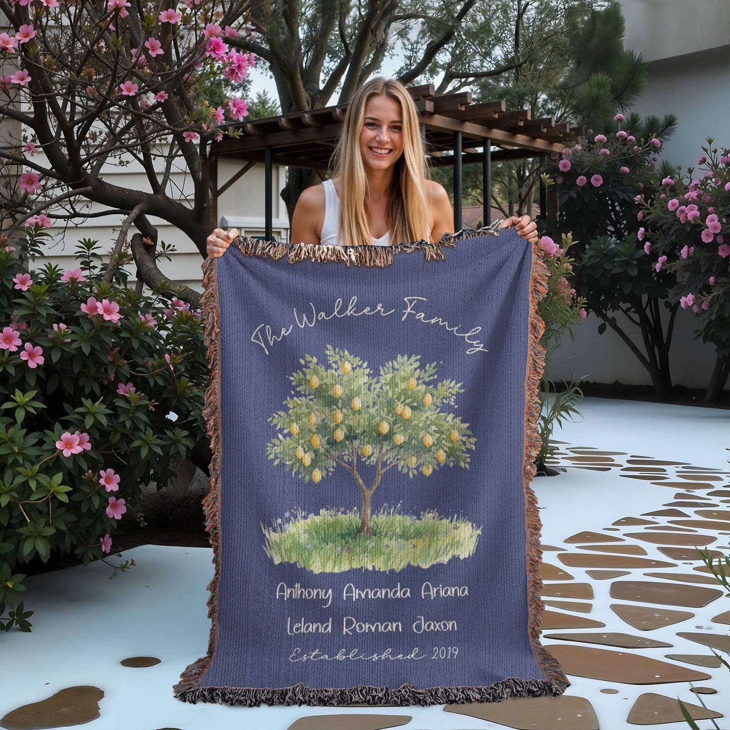 Personalized Farmhouse Lemon Tree Family Heirloom Woven Throw Blanket – Custom Names & Established Date