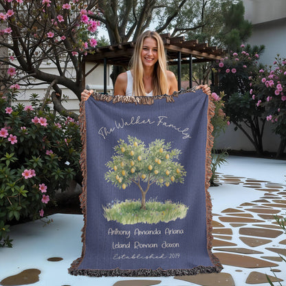 Personalized Farmhouse Lemon Tree Family Heirloom Woven Throw Blanket – Custom Names & Established Date
