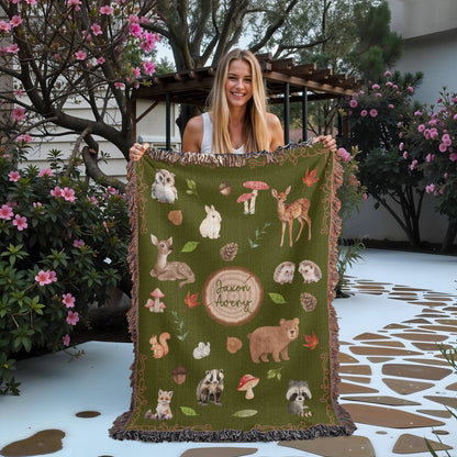 Heirloom Woodland Animals Woven Blanket - Personalized Nursery Decor & Baby Gift- Olive Green
