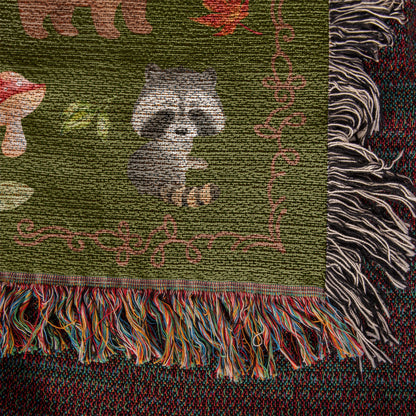 Heirloom Woodland Animals Woven Blanket - Personalized Nursery Decor & Baby Gift- Olive Green