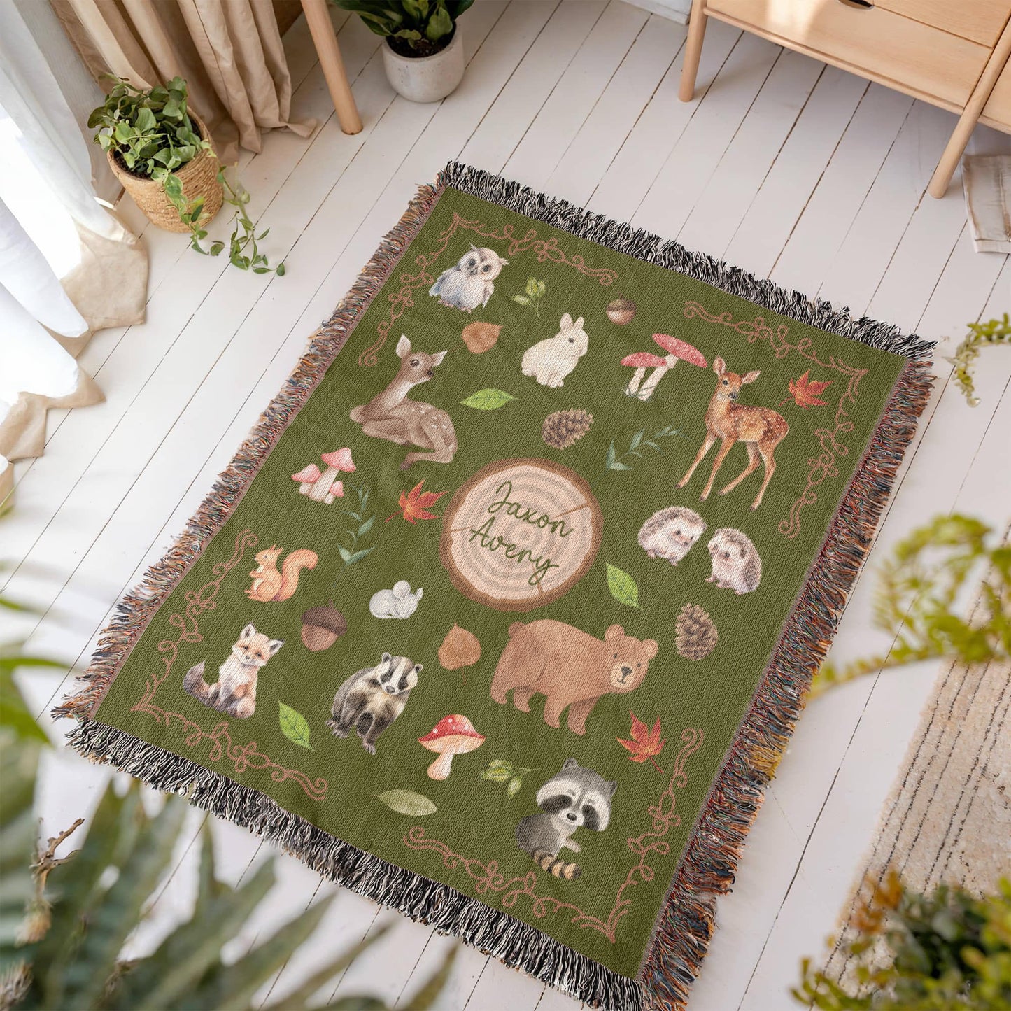 Heirloom Woodland Animals Woven Blanket - Personalized Nursery Decor & Baby Gift- Olive Green