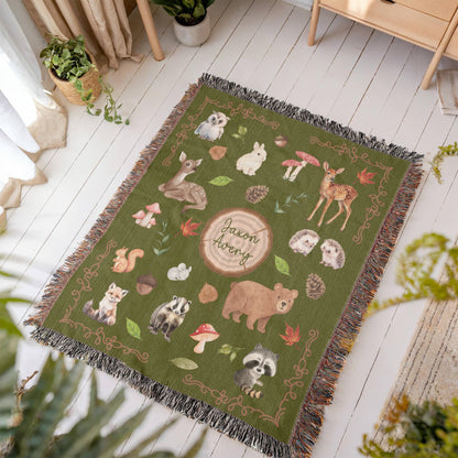 Heirloom Woodland Animals Woven Blanket - Personalized Nursery Decor & Baby Gift- Olive Green