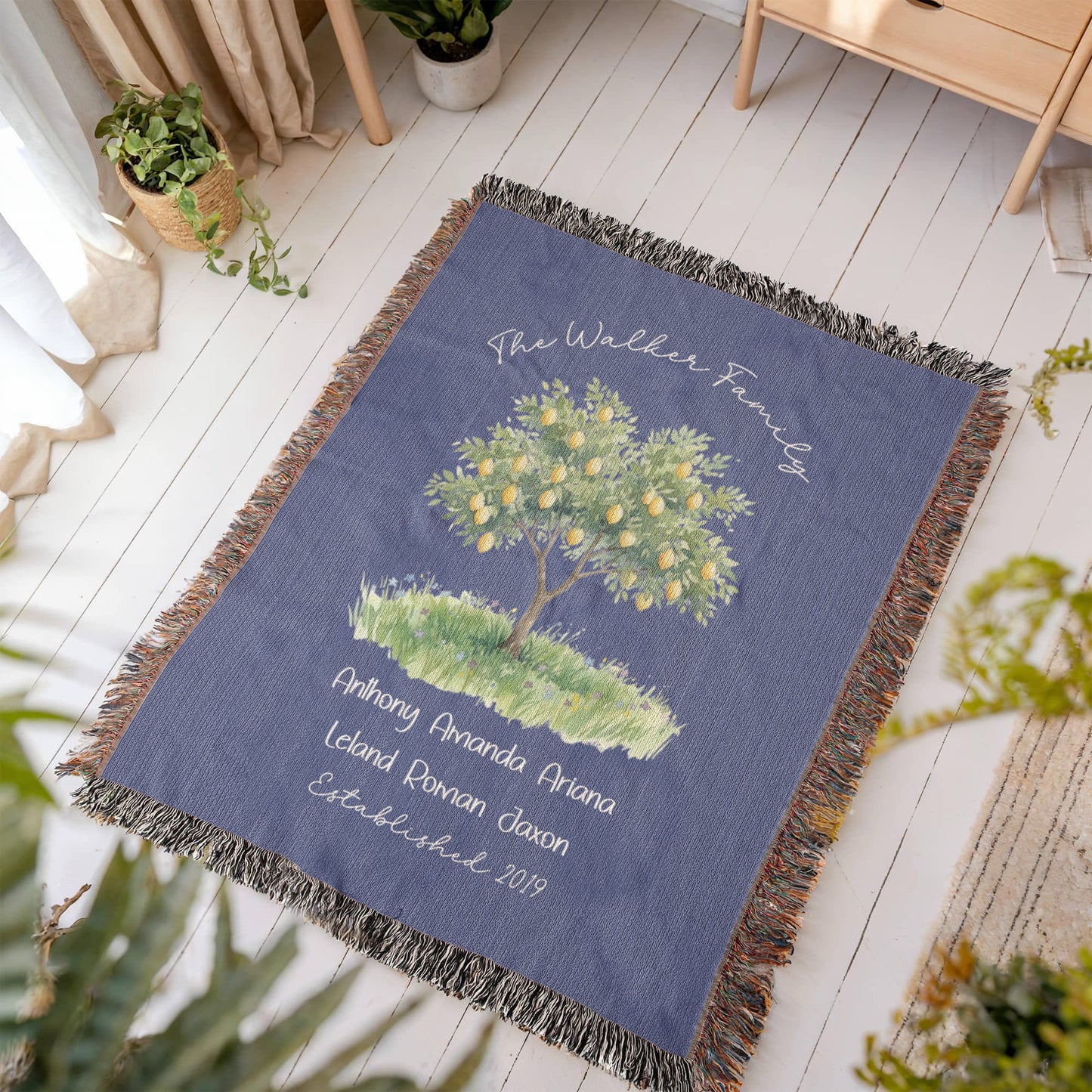 Personalized Farmhouse Lemon Tree Family Heirloom Woven Throw Blanket – Custom Names & Established Date