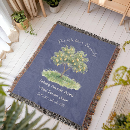 Personalized Farmhouse Lemon Tree Family Heirloom Woven Throw Blanket – Custom Names & Established Date