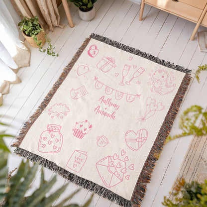 Valentine's Doodle Woven Blanket – Personalized Couple Gift
